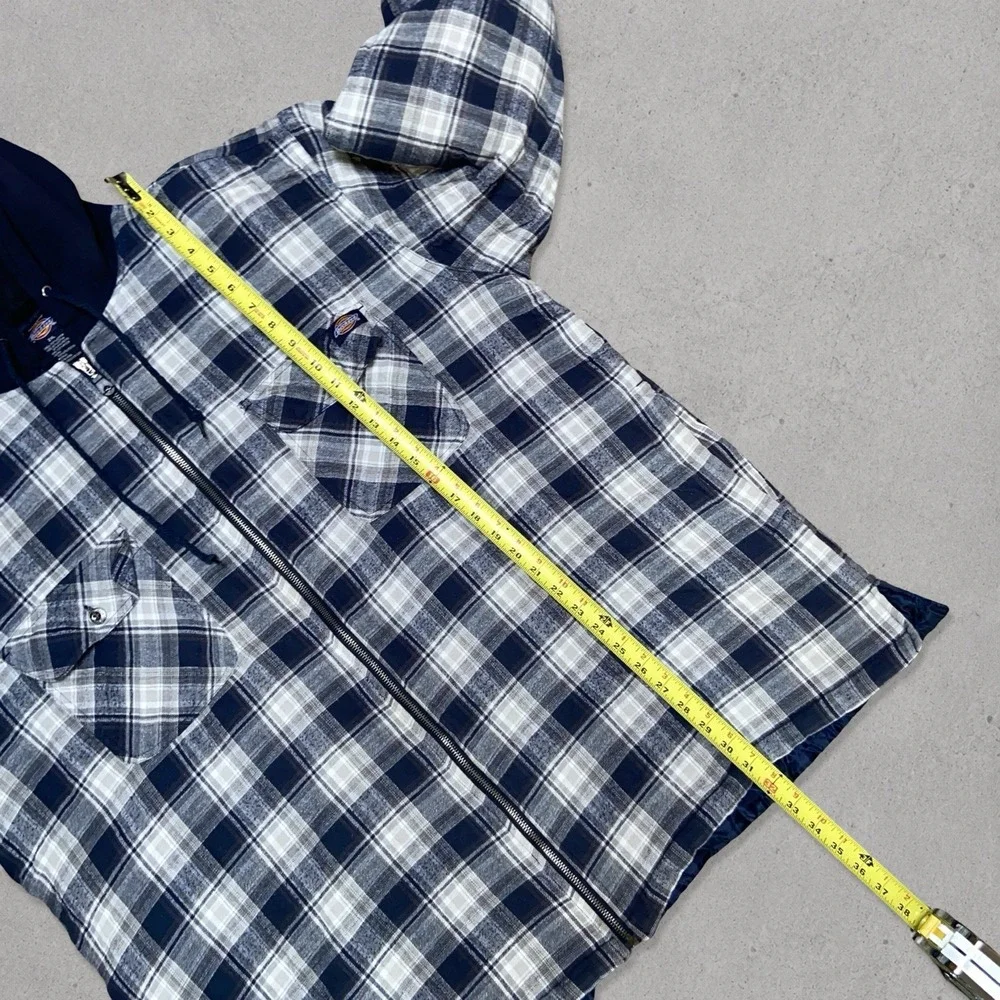 Dickies Quilted Hooded Flannel Jacket Men's 2XL Blue Gray Plaid Full Zip Workwea
